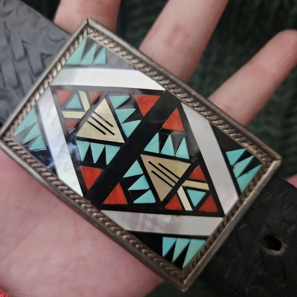 Vintage Zuni Inlay Stone and Sterling Silver 3x2 Buckle and Leather Belt - Picture 6 of 11